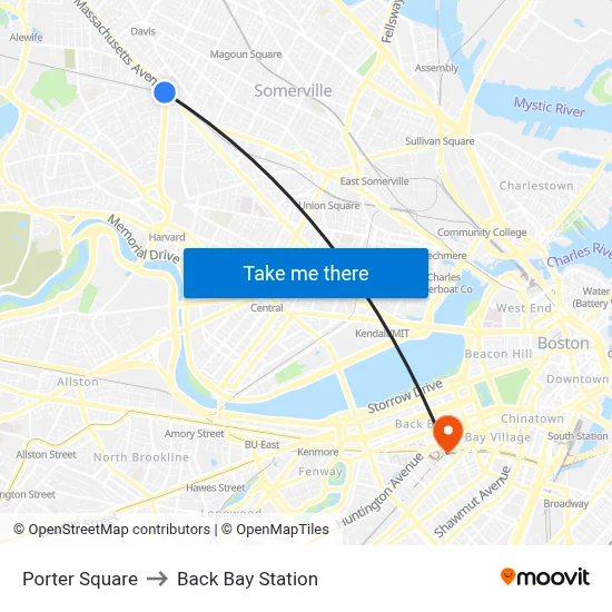 Porter Square to Back Bay Station map