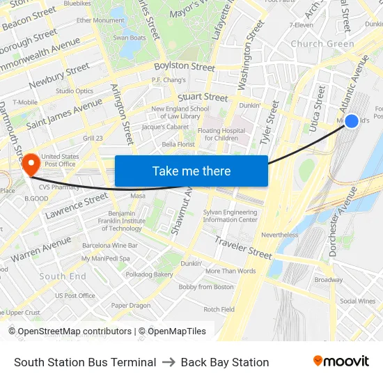 South Station Bus Terminal to Back Bay Station map