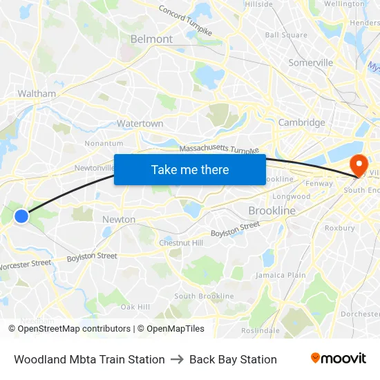 Woodland Mbta Train Station to Back Bay Station map