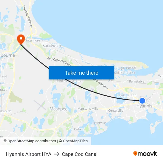 Hyannis Airport HYA to Cape Cod Canal map