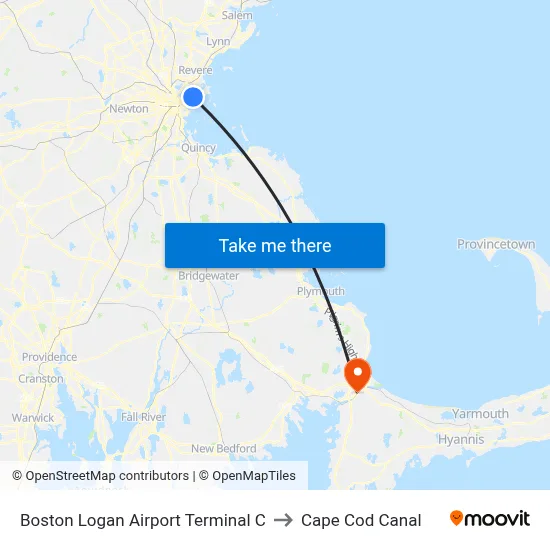 Boston Logan Airport Terminal C to Cape Cod Canal map