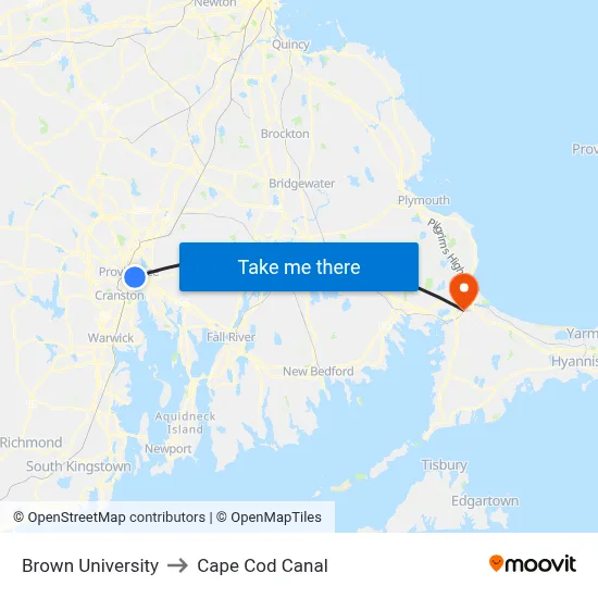 Brown University to Cape Cod Canal map
