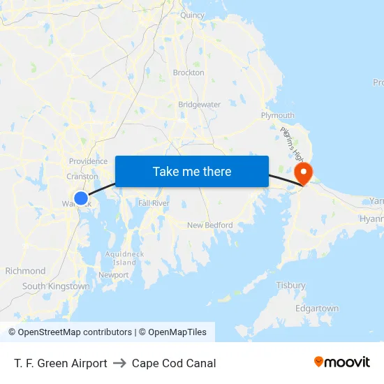 T. F. Green Airport to Cape Cod Canal map