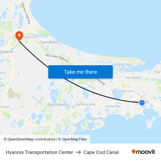 Hyannis Transportation Center to Cape Cod Canal map