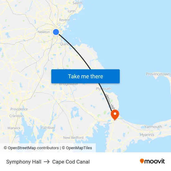 Symphony Hall to Cape Cod Canal map