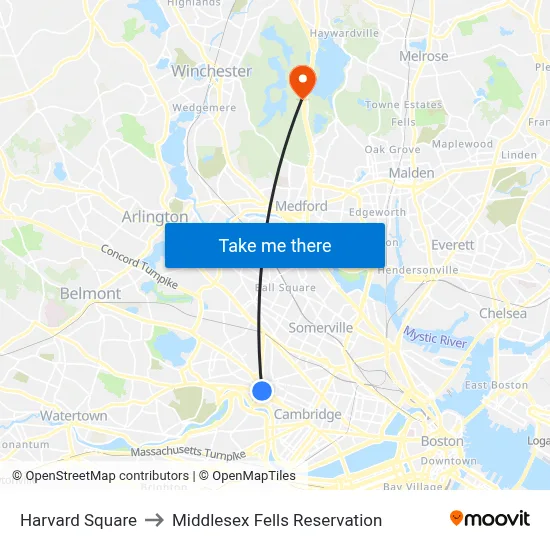 Harvard Square to Middlesex Fells Reservation map