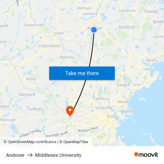 Andover to Middlesex University map