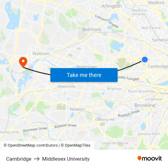 Cambridge to Middlesex University map
