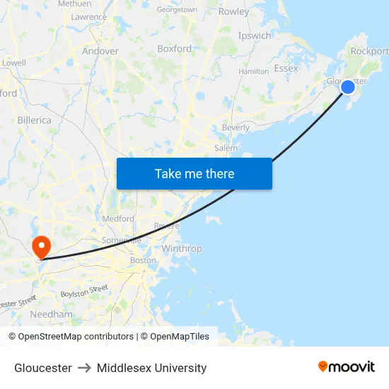 Gloucester to Middlesex University map