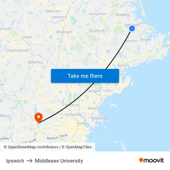 Ipswich to Middlesex University map