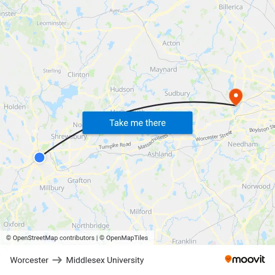 Worcester to Middlesex University map