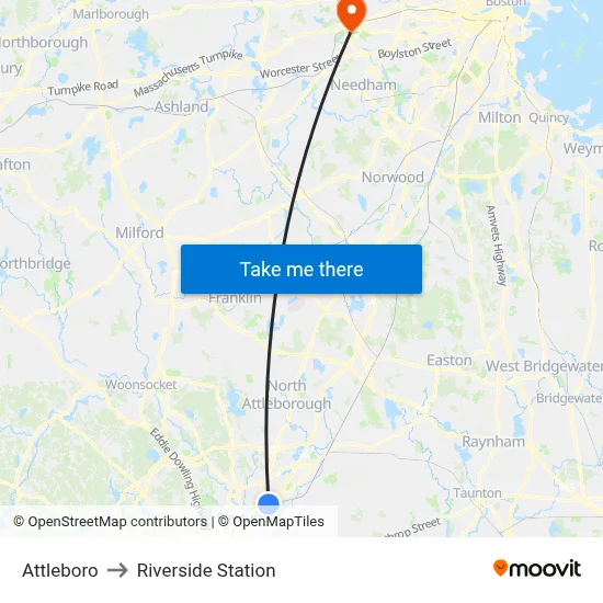 Attleboro to Riverside Station map