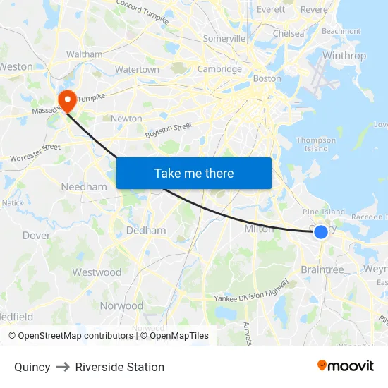 Quincy to Riverside Station map