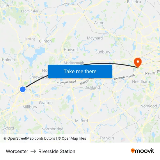 Worcester to Riverside Station map