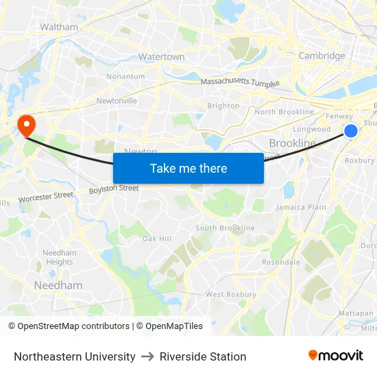 Northeastern University to Riverside Station map