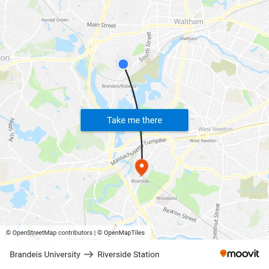 Brandeis University to Riverside Station map