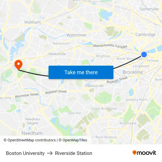 Boston University to Riverside Station map