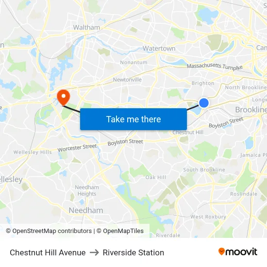 Chestnut Hill Avenue to Riverside Station map