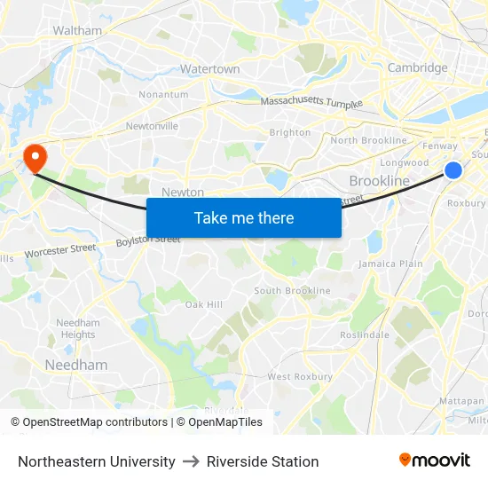 Northeastern University to Riverside Station map