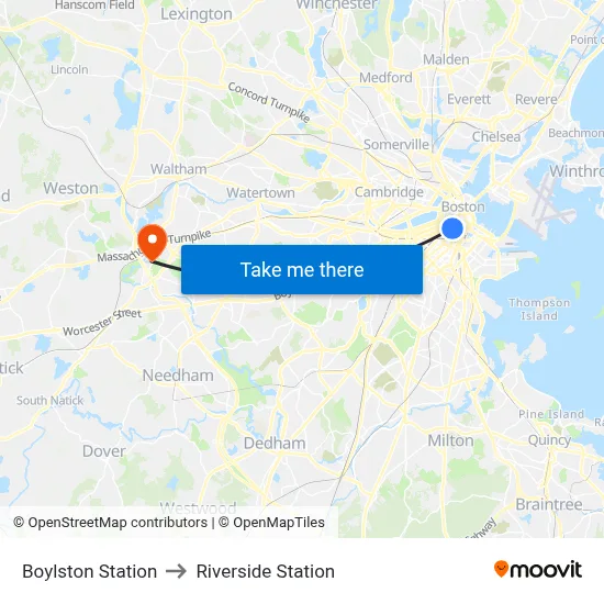 Boylston Station to Riverside Station map