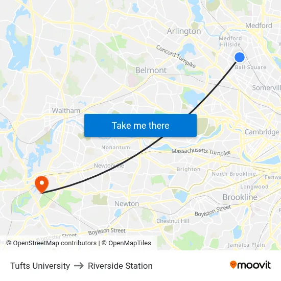 Tufts University to Riverside Station map