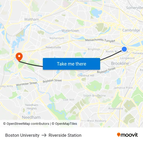 Boston University to Riverside Station map