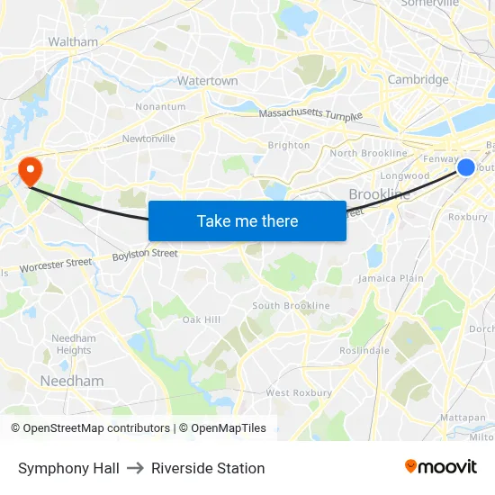 Symphony Hall to Riverside Station map