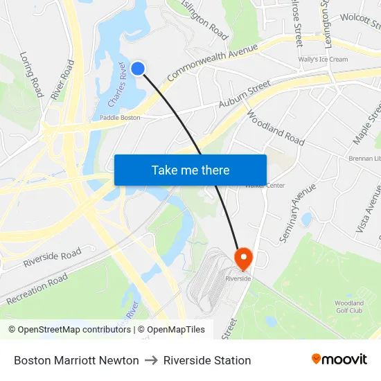 Boston Marriott Newton to Riverside Station map