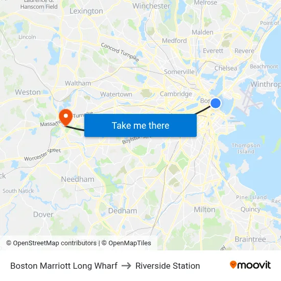 Boston Marriott Long Wharf to Riverside Station map