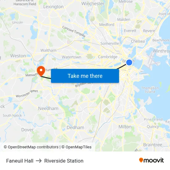 Faneuil Hall to Riverside Station map
