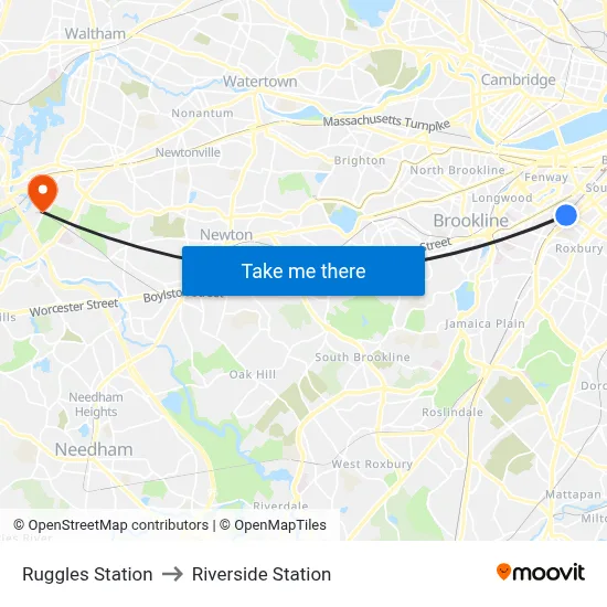Ruggles Station to Riverside Station map