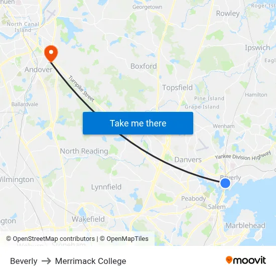 Beverly to Merrimack College map