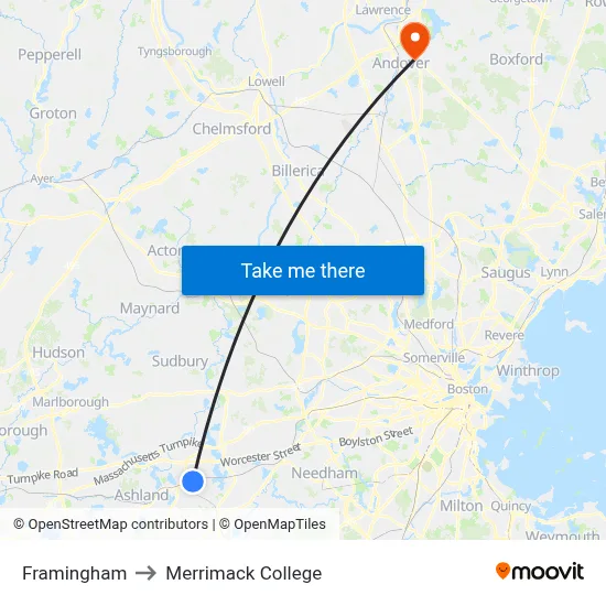 Framingham to Merrimack College map