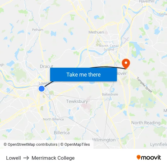 Lowell to Merrimack College map