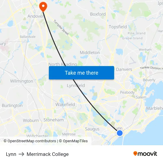 Lynn to Merrimack College map