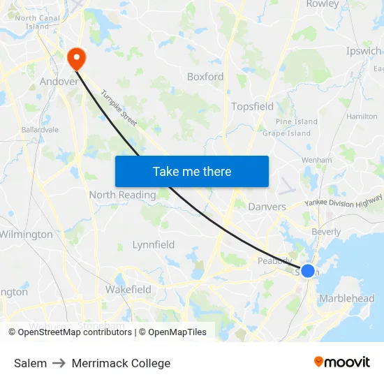 Salem to Merrimack College map