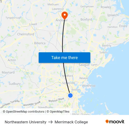 Northeastern University to Merrimack College map