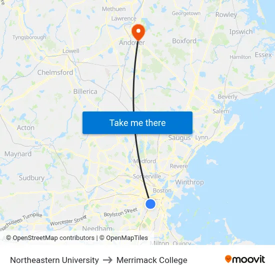 Northeastern University to Merrimack College map