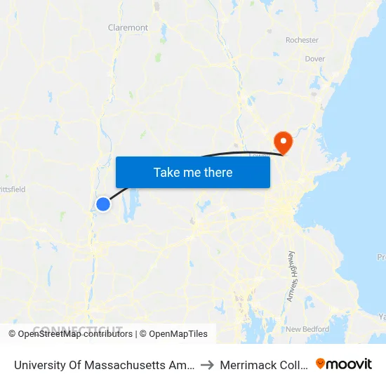 University Of Massachusetts Amherst to Merrimack College map