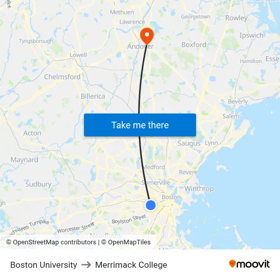 Boston University to Merrimack College map