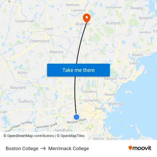 Boston College to Merrimack College map