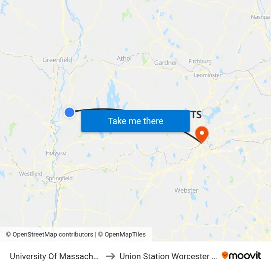 University Of Massachusetts Amherst to Union Station Worcester Massachusetts map