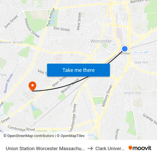 Union Station Worcester Massachusetts to Clark University map