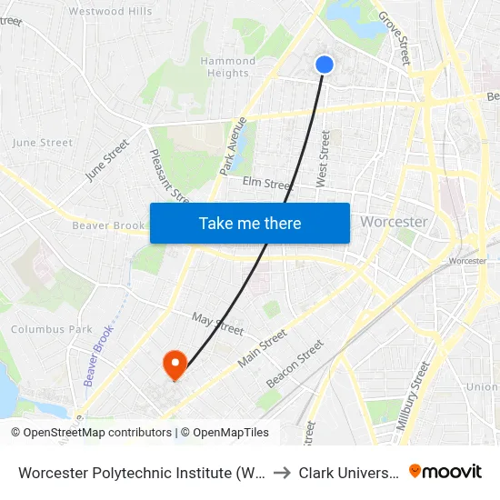 Worcester Polytechnic Institute (WPI) to Clark University map