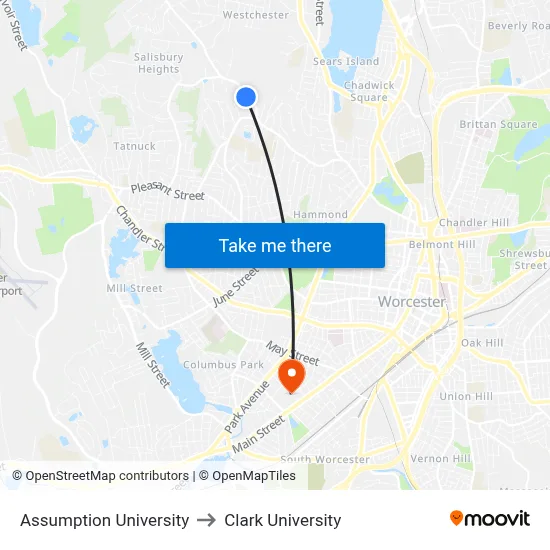 Assumption University to Clark University map