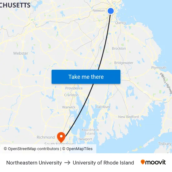 Northeastern University to University of Rhode Island map