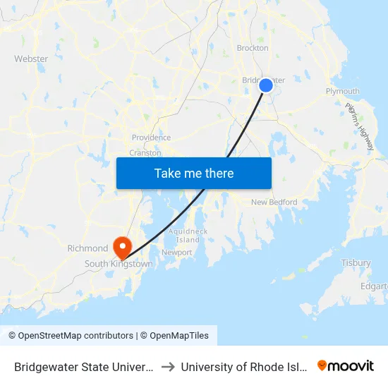 Bridgewater State University to University of Rhode Island map