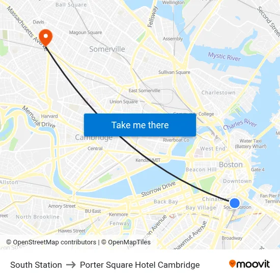 South Station to Porter Square Hotel Cambridge map