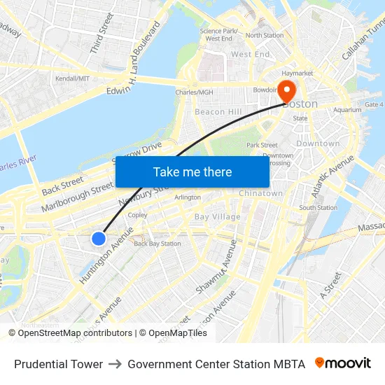 Prudential Tower to Government Center Station MBTA map