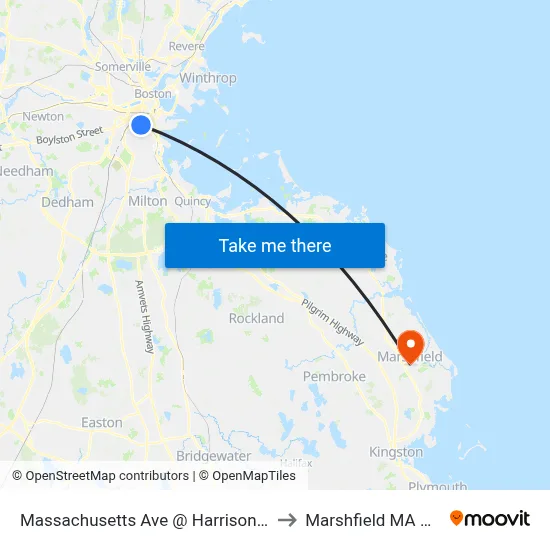 Massachusetts Ave @ Harrison Ave to Marshfield MA USA map